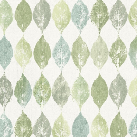 Manhattan Comfort Norwich, Vinyl Fossil Leaf In Greens And Blues Wallpaper, 205 In X 33 Ft = 56 Sq Ft Norwich